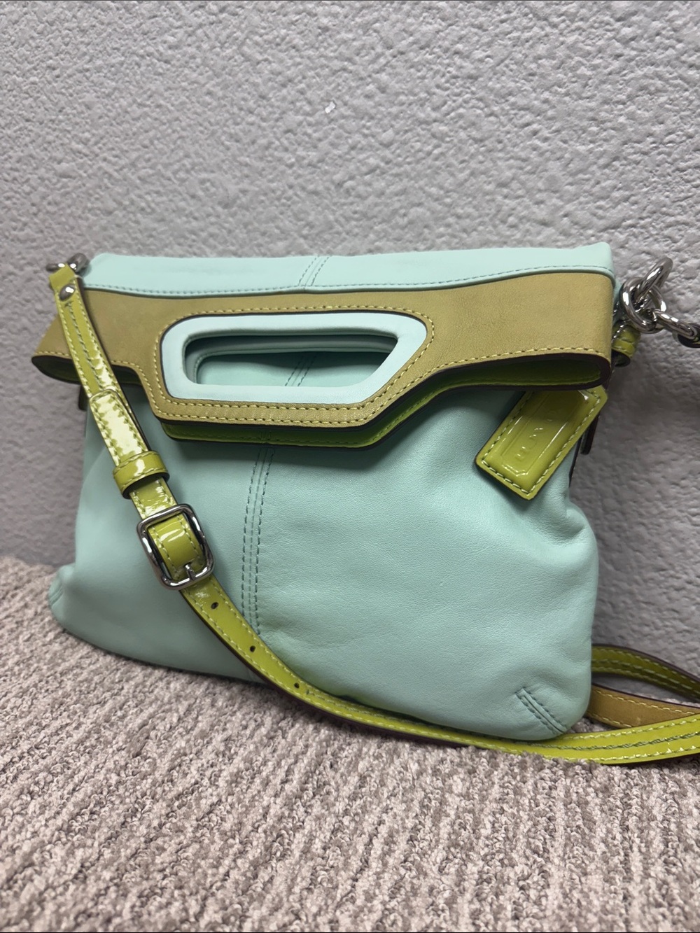 Rare Vintage Y2K Coach Bonnie Fold Over Mint and Lime Leather Crossbody- NWOT